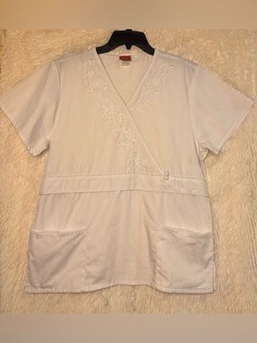 Denice Scrub Top L White Embroidered Mock Wrap Tie Back | 4 for $25 Scrub Sale